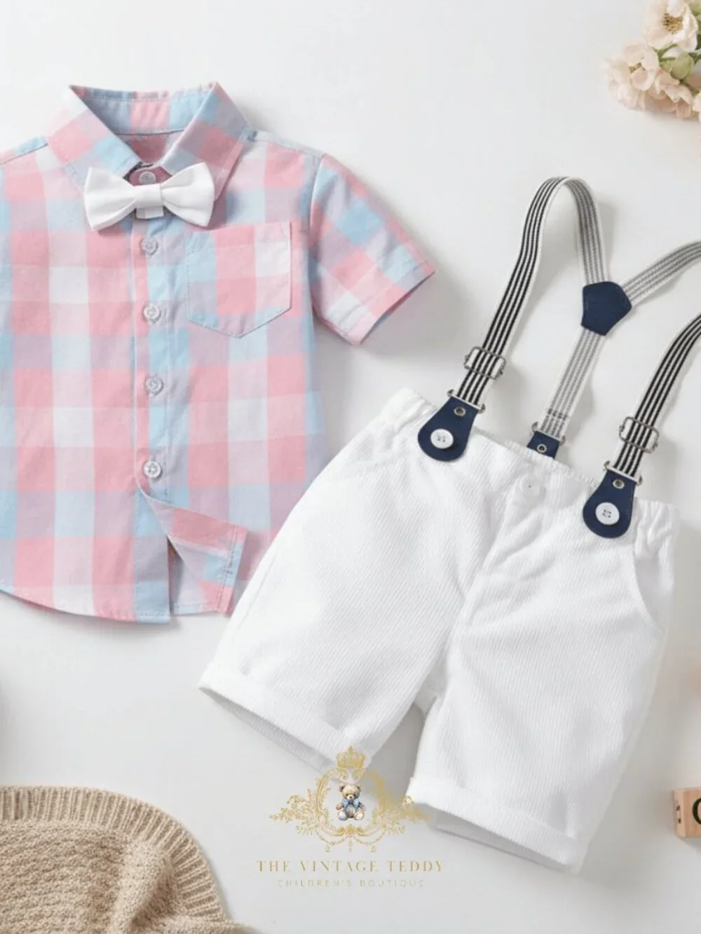 NWT Handsome Boys Oxford Button Down Shirt Shorts & Bow Tie Kids Matching Set 4T